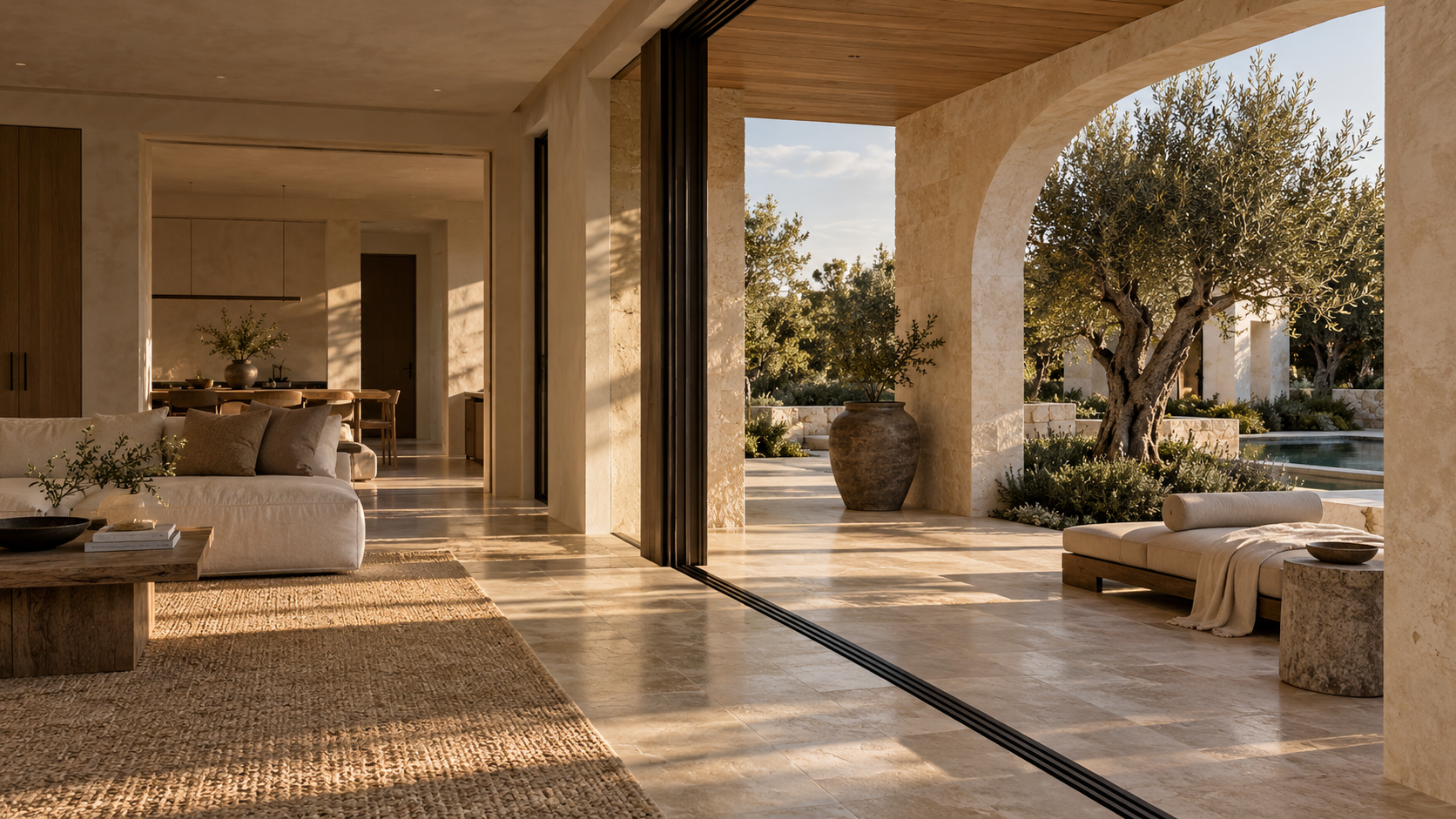 Warm contemporary property with natural stone and a landscaped courtyard